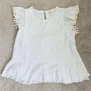 Cupio Lined White Short Sleeve Pom-Pom Sleeve- Ruffle Bottom Blouse Size L